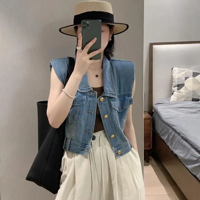 2023 Spring Summer New Lapel Single-breasted Short Denim Vest Women's Fashion Retro High Waist Sleeveless Jacket Femme Waistcoat