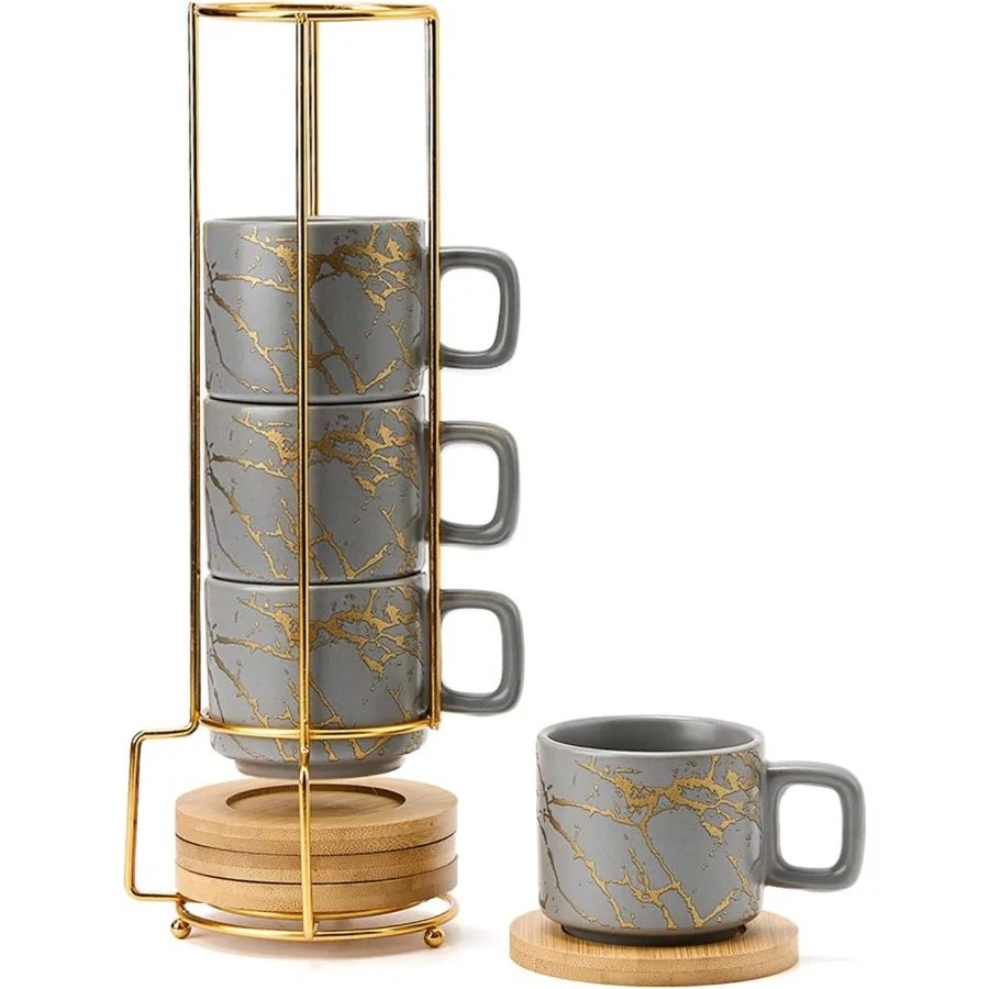 

Штабелируемый фарфоровый набор чашек для эспрессо с блюдцем и металлической подставкой для специальных кофейных напитков, латте, мокко, чая, 4 унции, керамика De