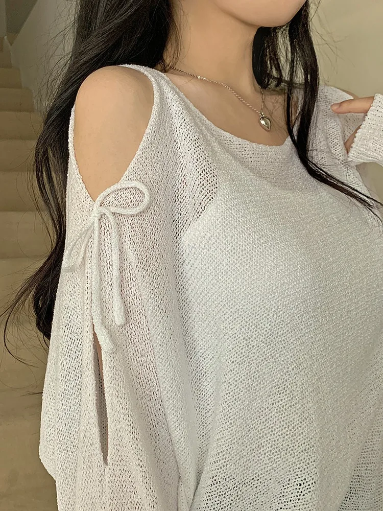 South korea Chic Summer Loose Shoulder Slit off-Shoulder Long sleeve Knit Top Perspective Thin Pullover Sweater Women