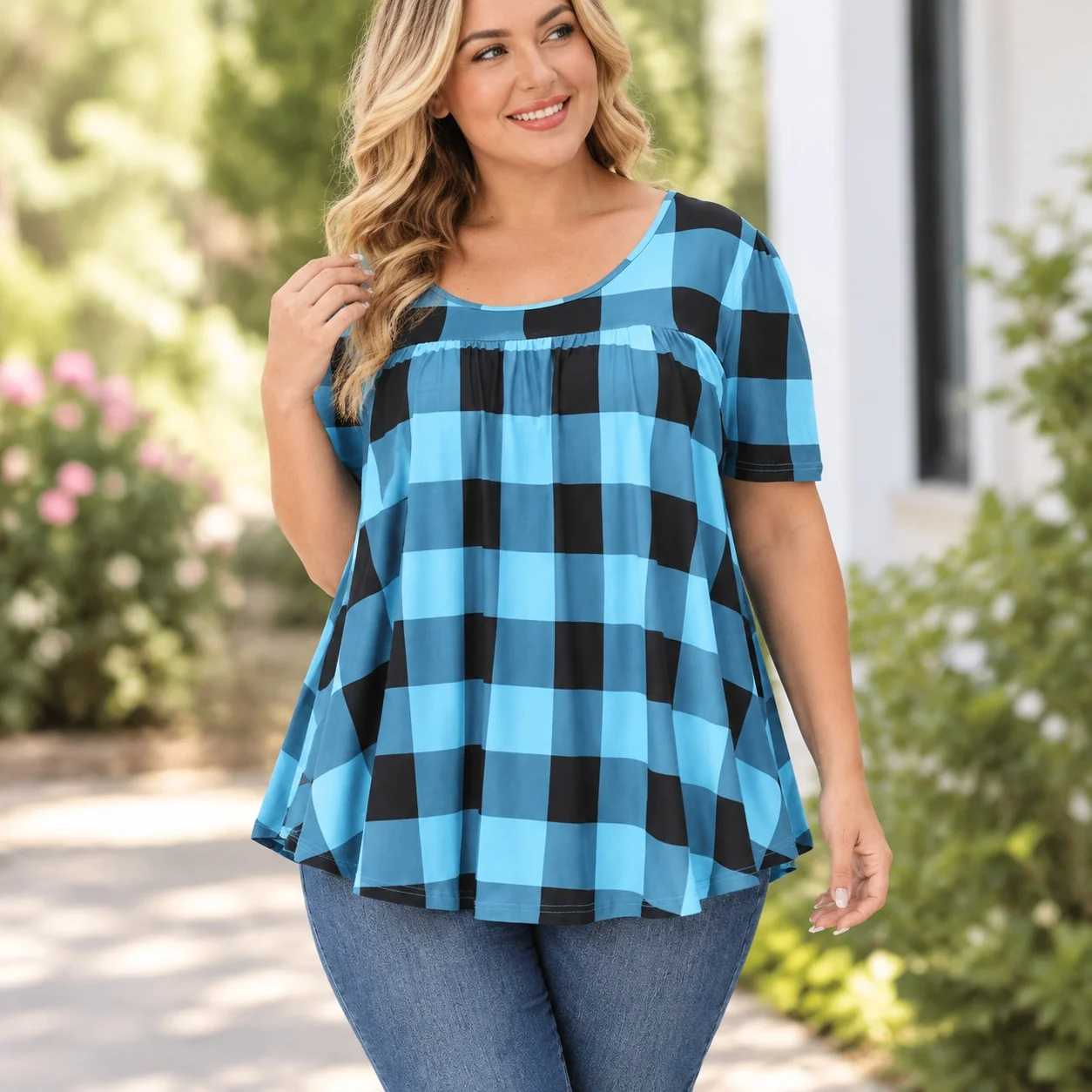 Printed Loose Fit Top with Round Neck Short Sleeve Pleated Plaid Pullover Regular Length Socialite Style Women T Shirts Spring