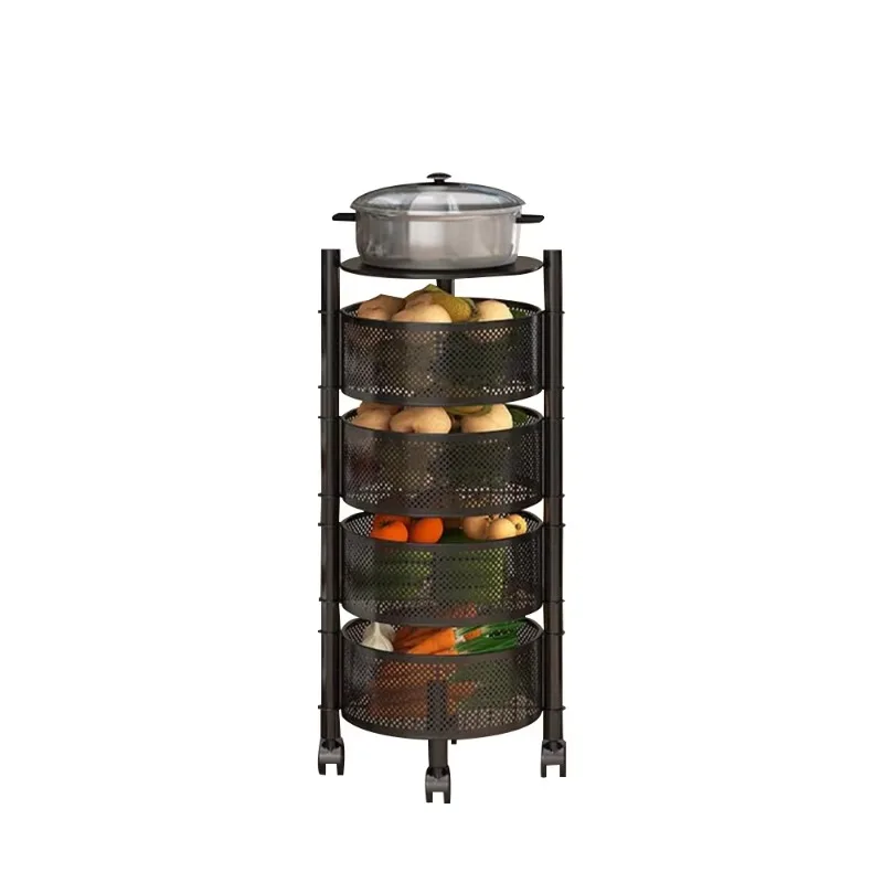 

360 degree rotating basket rack kitchen trolley storage rack shelf multi-layer vegetable and fruit basket with wheels