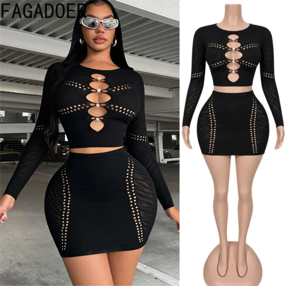 FAGADOER Womens 2 Piece Skirt Set Pearl Beaded Cutout Knit Long Sleeve Crop Top Bodycon Mini Skirt Sexy Matching Outfit Clubwear
