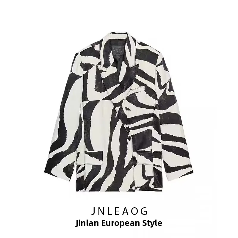 

Faionable Animal Print Jaet Women's Autumn New Sle Versatile Design Long Sve Busin Wear Polyester Fabric