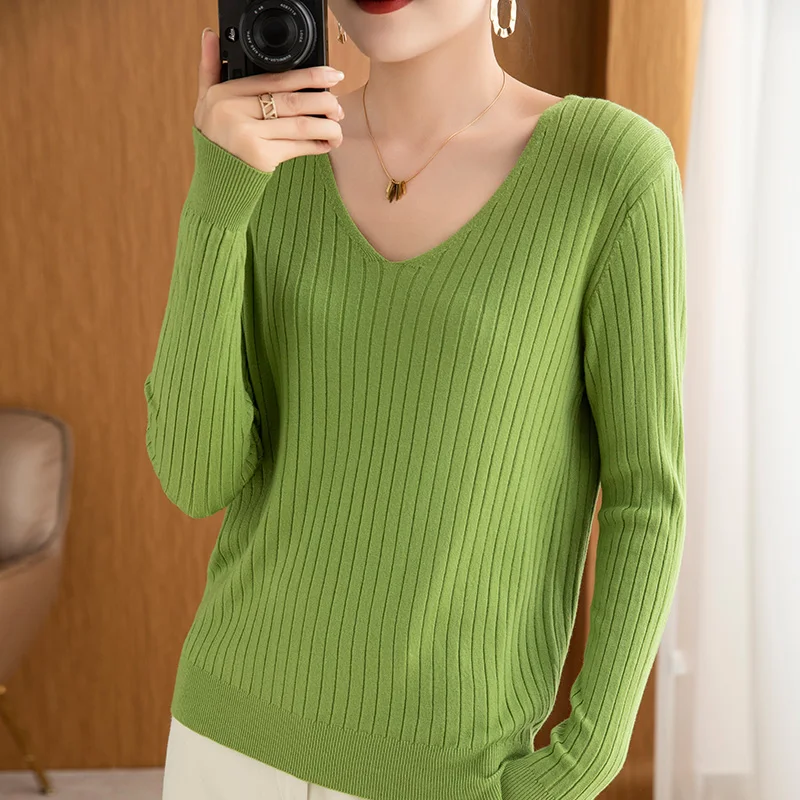 Fashion V-Neck Long Sleeved Knitwear Women's Autumn And Winter 2022 New Style Western-style Loose Fit Under The Bottom Sweater