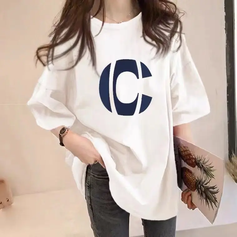 Cotton Short Sleeve T-shirt Women's Letter Round Neck Summer 2024 New Korean Version Loose Mid-length Large Size Half-sleeve Top