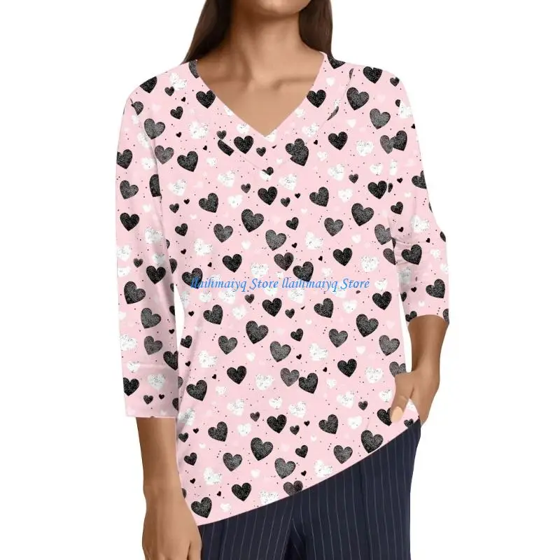

573B Women's Valentine's Day Heart Print Three-Quarter Sleeve Casual T-Shirt