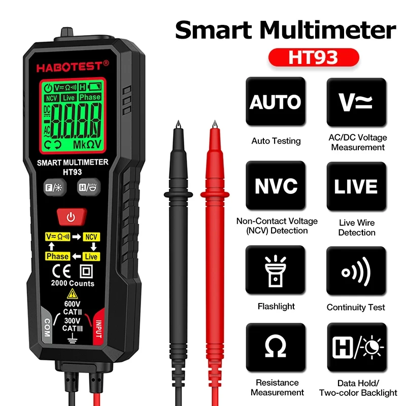 Smart Digital Multimeter AC/DC Voltage Votage Tester with Backlight Auto-Ranging Measures NCV Live Wire Tester 2000 Counts