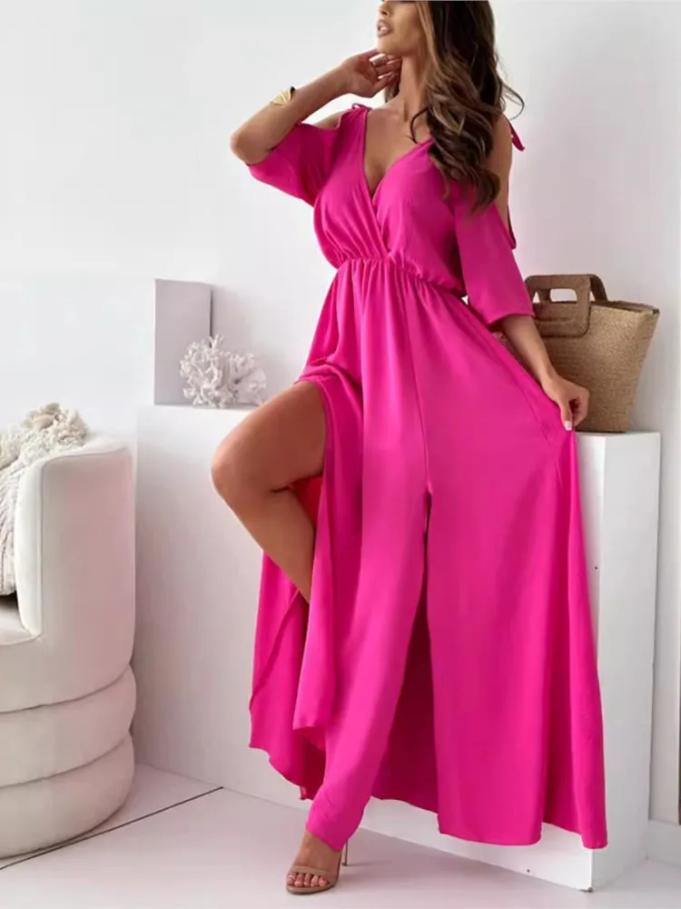 Summer New V-neck Skirt Slit Dress Off-shoulder Sleeves Sexy Suspender Dress Fashion Elegant Casual Loose Beach Party Dresses