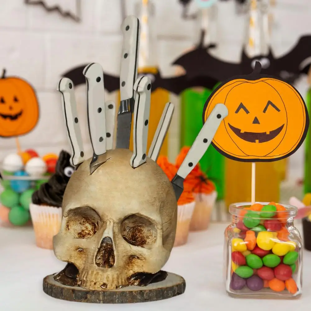 Skull-Shaped Knife Holder with Bone Texture Dark Horror Kitchen Decor for Halloween Gothic Style Stable Unique Gift for Horror F view 3