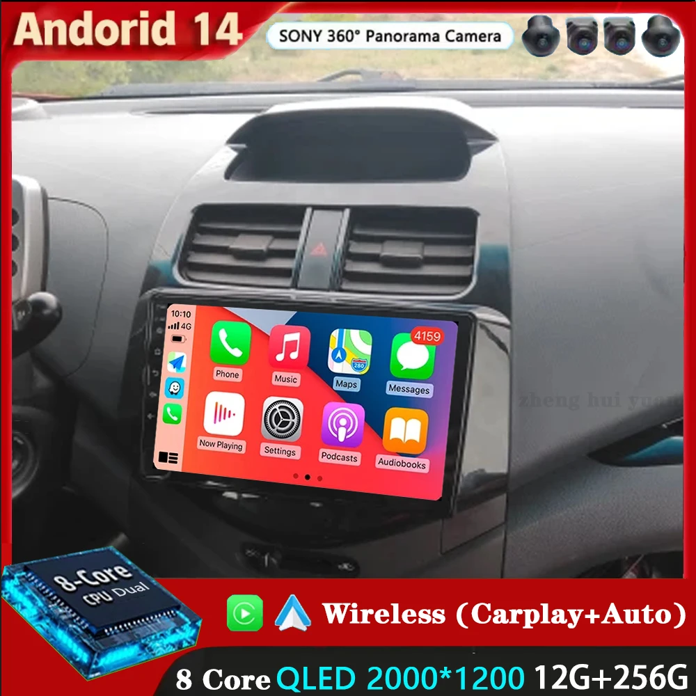 Для Chevrolet Spark M300 2009-2016 2K QLED 12 + 256 ГБ Android 14 CarPlay Автомобильный радиоприемник Мультимедийный видеоплеер GPS стерео головное устройство