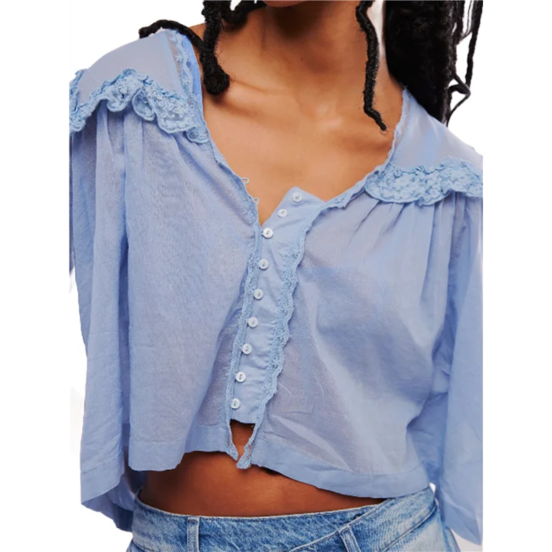 

Women Y2K See Through Peplum Shirt Ruffle Lace Trim Buttons Tops Short Sleeve Collar Babydoll Blouse-A55G
