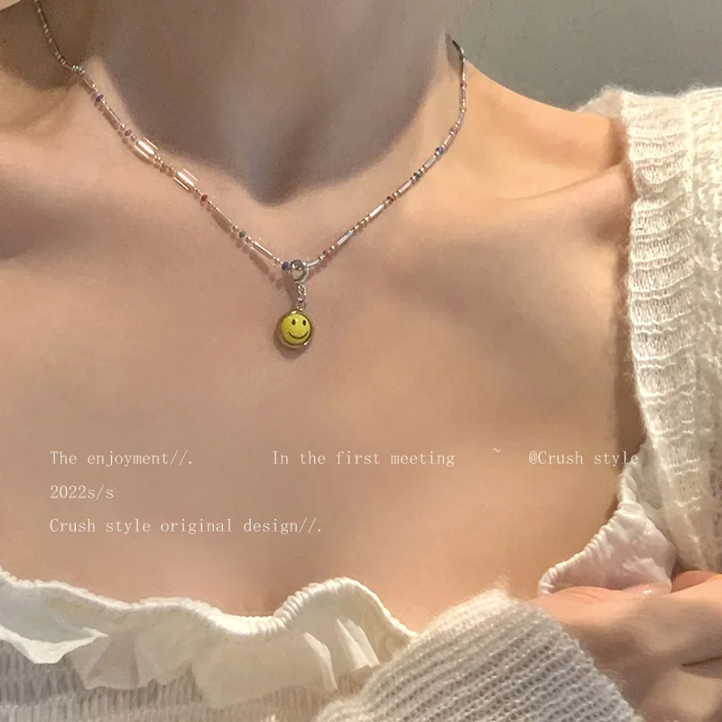 Women's Smiley Face Beaded Pendant Necklace, New Summer Trendy Internet-Famous Accessory, Minimalist Unique Ins-Style Clavicle Chain