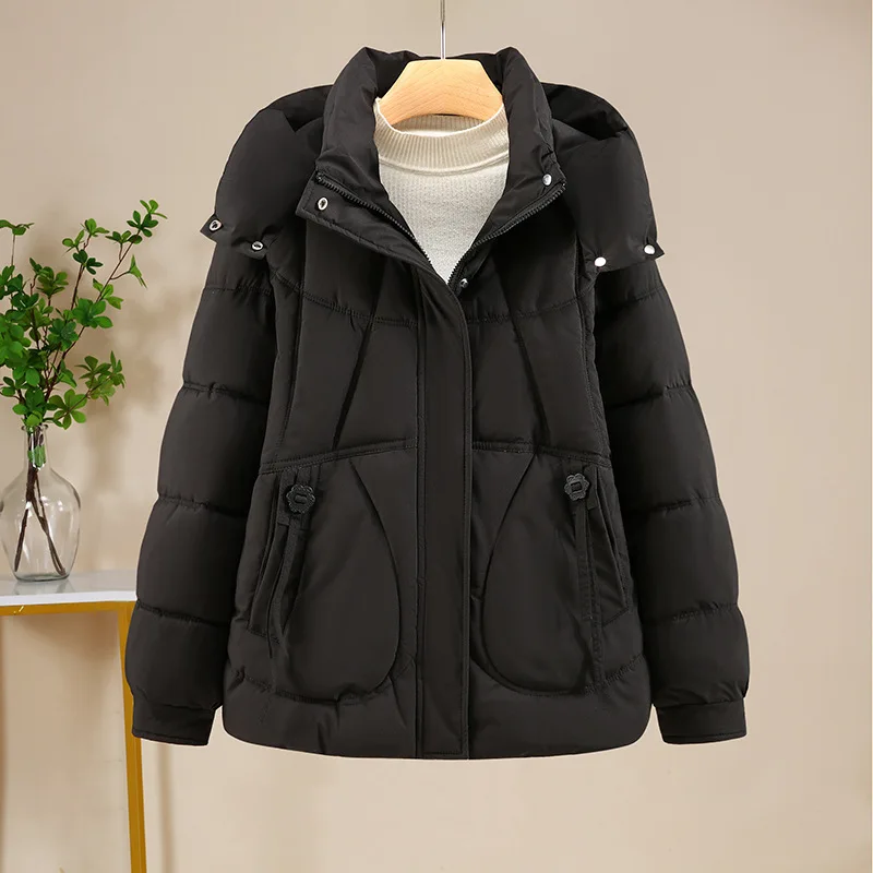 Women Short Oversize Parkas Coats Hooded Jacket Solid Long Sleeve Turn Down Collar Zipper Looose Thick Office Lady 2025 Winter