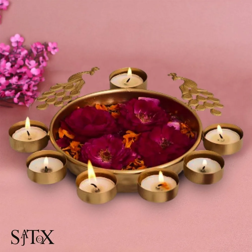 وعاء أورلي على شكل طاووس دائري مزخرف ديوالي دياس وعاء منزلي جميل مصنوع يدويًا للزهور العائمة والشموع المضيئة للشاي