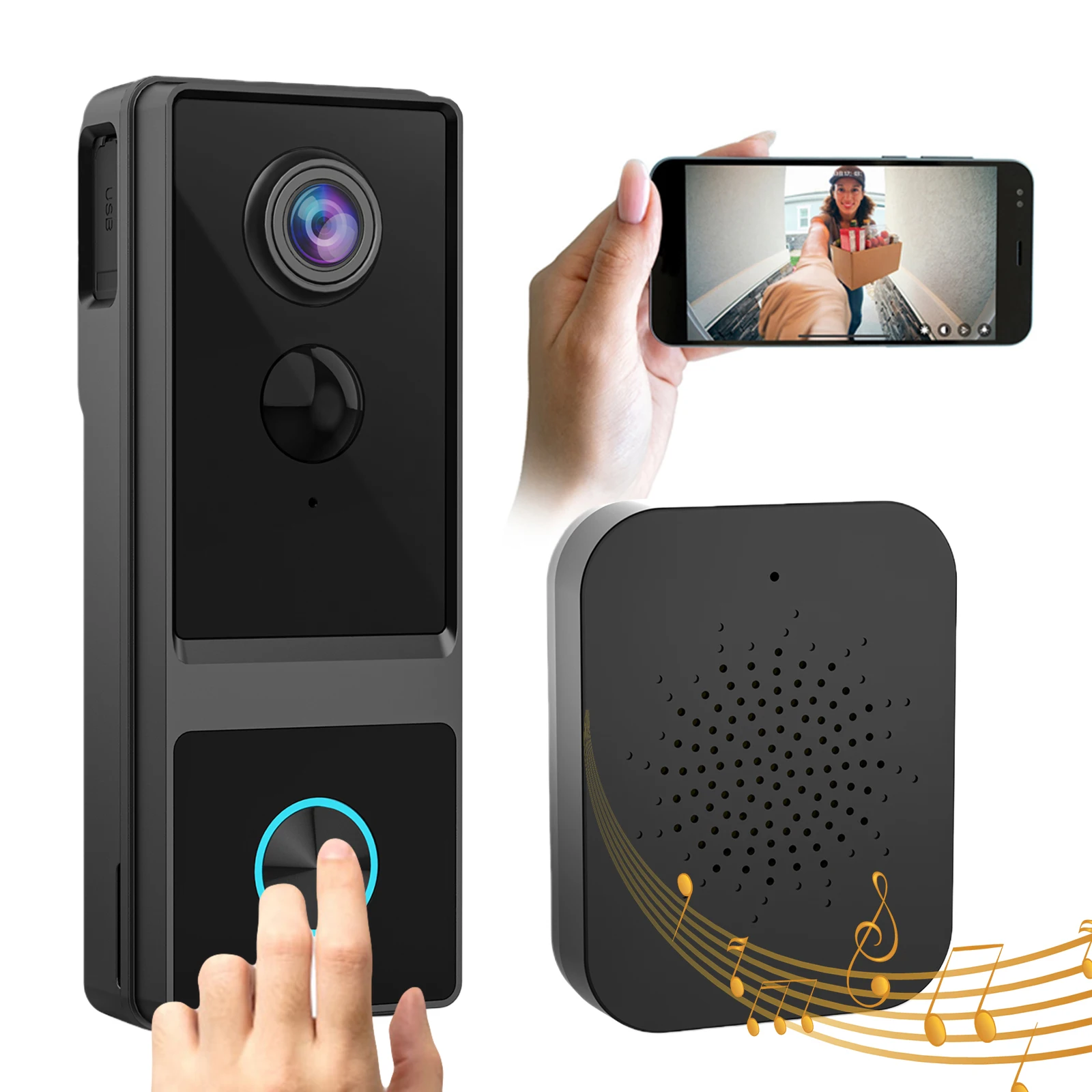 

Беспроводной видеодомофон 1080P с Wi-Fi, двусторонней аудиосвязью, обнаружением человека, ночным видением и облачным хранилищем