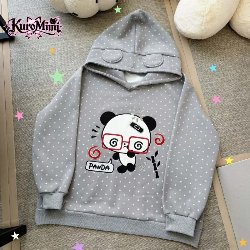 Kawaii Harajuku Cute Panda Ear Graphic Star Print Versatile Hooded Sweatshirt Women Loose Fit Cozy Casual Daily Pullover 2026