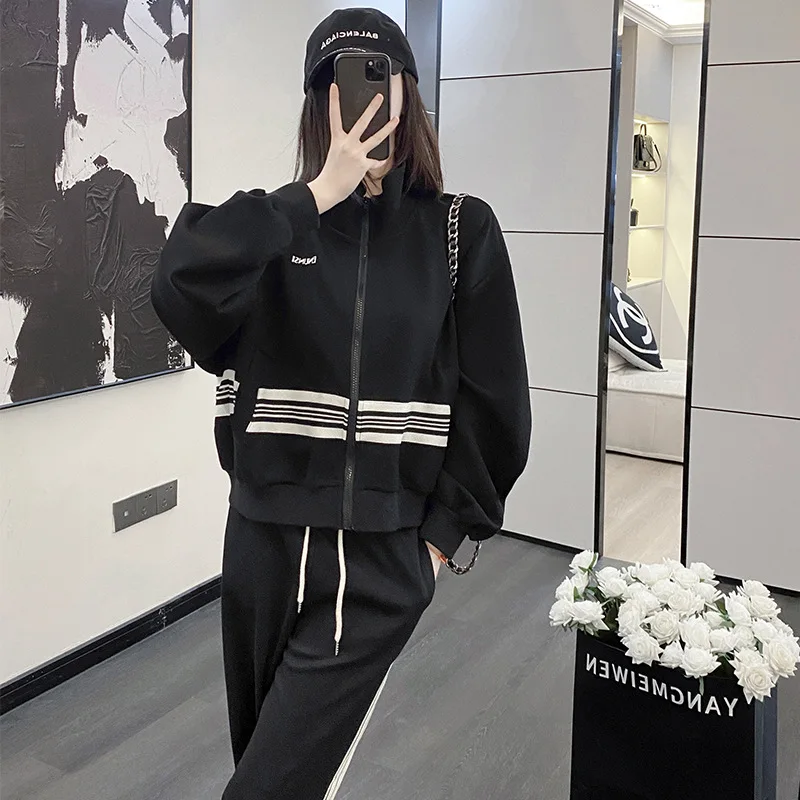 Autumn Winter Fashion Striped Jacket Pants Two Piece Set For Women Korean Zipper Coat New Casual Trousers Suit Female Tracksuit