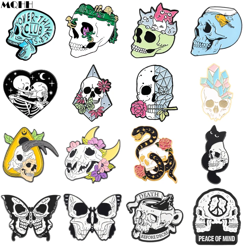 Creative Punk Skull Animal Butterfly Enamel Pins Plant Flower Rose Love Bones Snake Goldfish Cat Alloy Brooch Badge Jewelry Gift