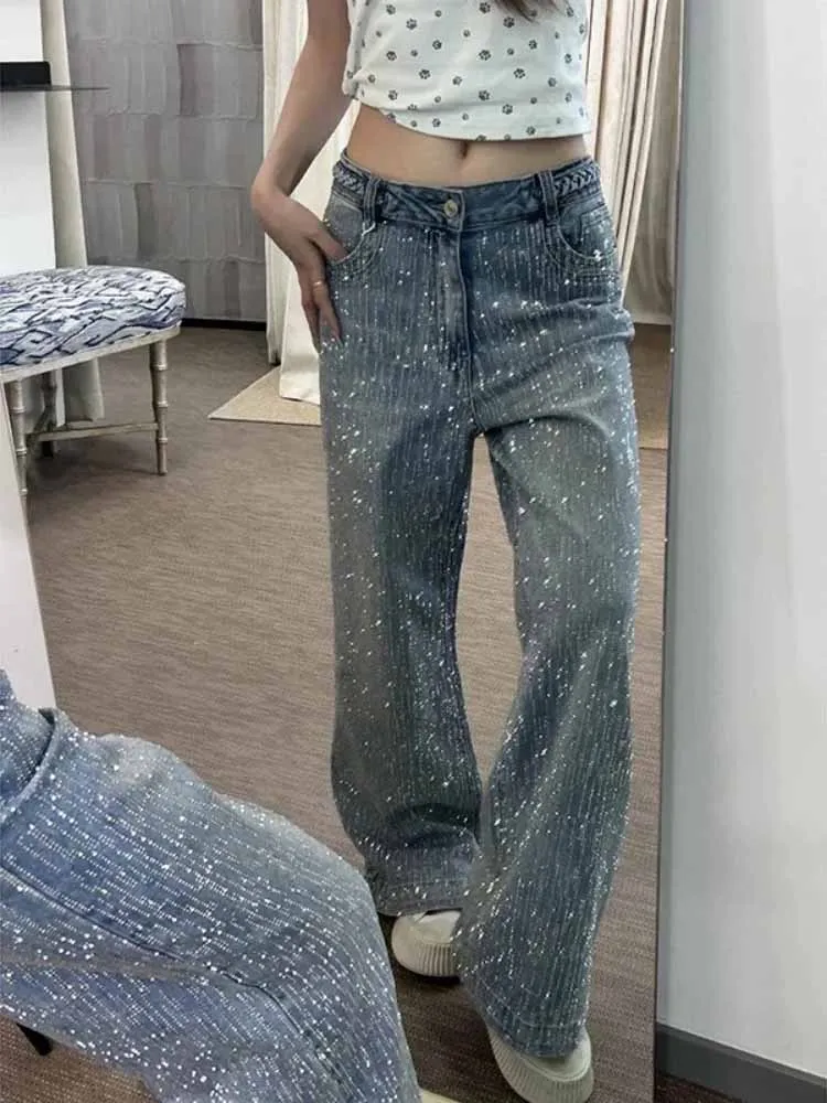 BKQU Luxe Y2K Diamanten Jeans Vrouwen Esthetische Hoge Taille Losse Wijde Pijpen Denim Broek 2025, Mode Sparkly High Street Broek