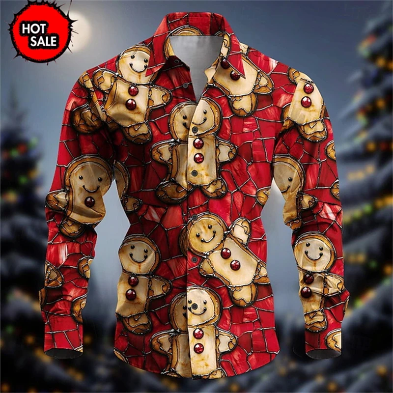 Happy New Year Christmas Santa Gingerbread Socks Casual Mens Button Long Sleeve Autumn Lapel Shirt 3D Printing Unisex Clothing