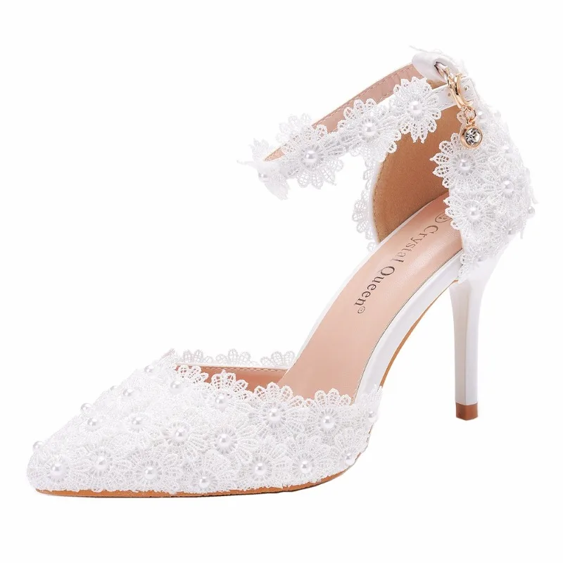 

9Cm White Lace Wedding Shoes One-word Buckle Shoes Stiletto Pointed Wedding Dress Bridal Shoes Women's Sandals Annual Meeting 신발