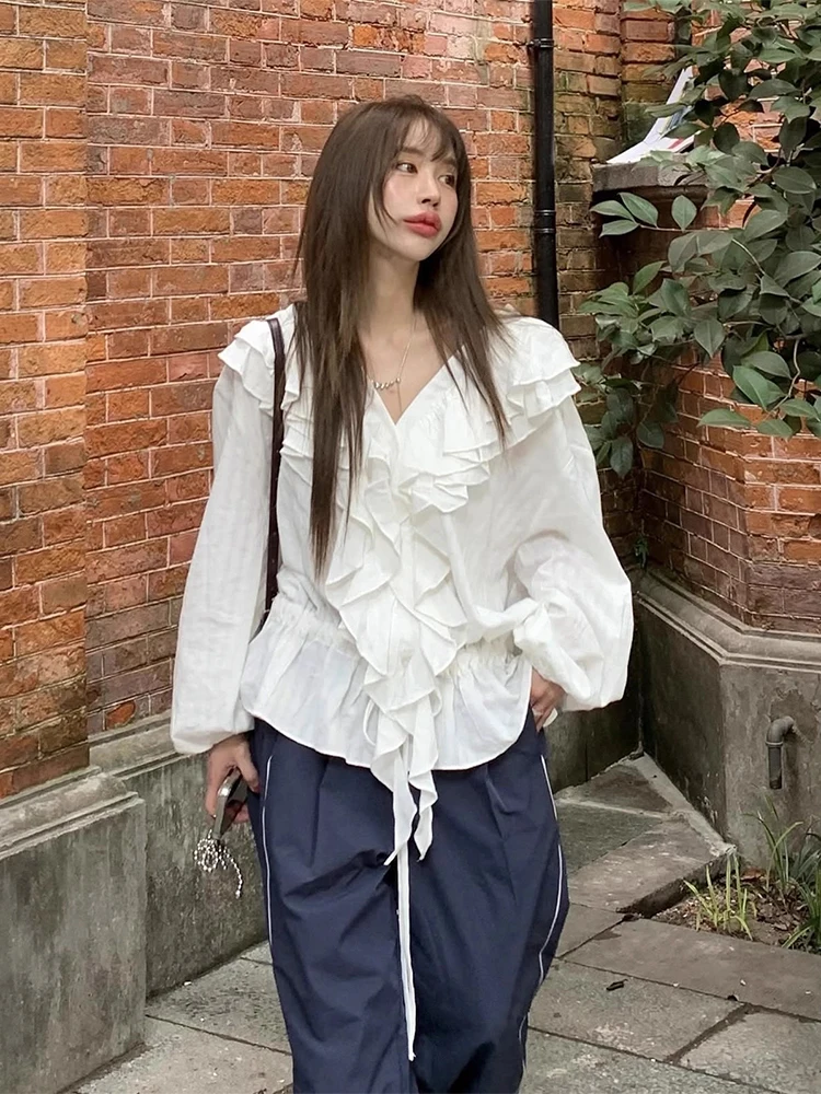 

Korean Chic Autumn New Style French Ruffled V-neck Pleated Waist Slimming Puffe Shirt for Women