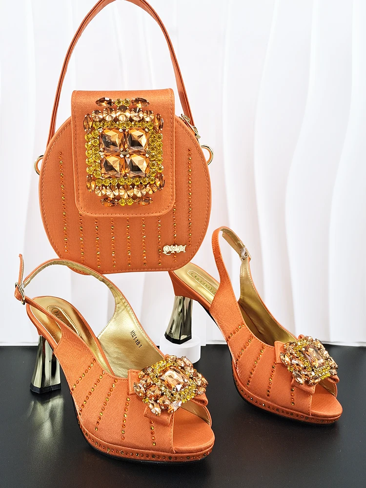 

INS New Arrival Orange Color Party Wedding Pointed Toe Ladies Casual High Heels and Soft Bag Set Decorated With Rhinestone