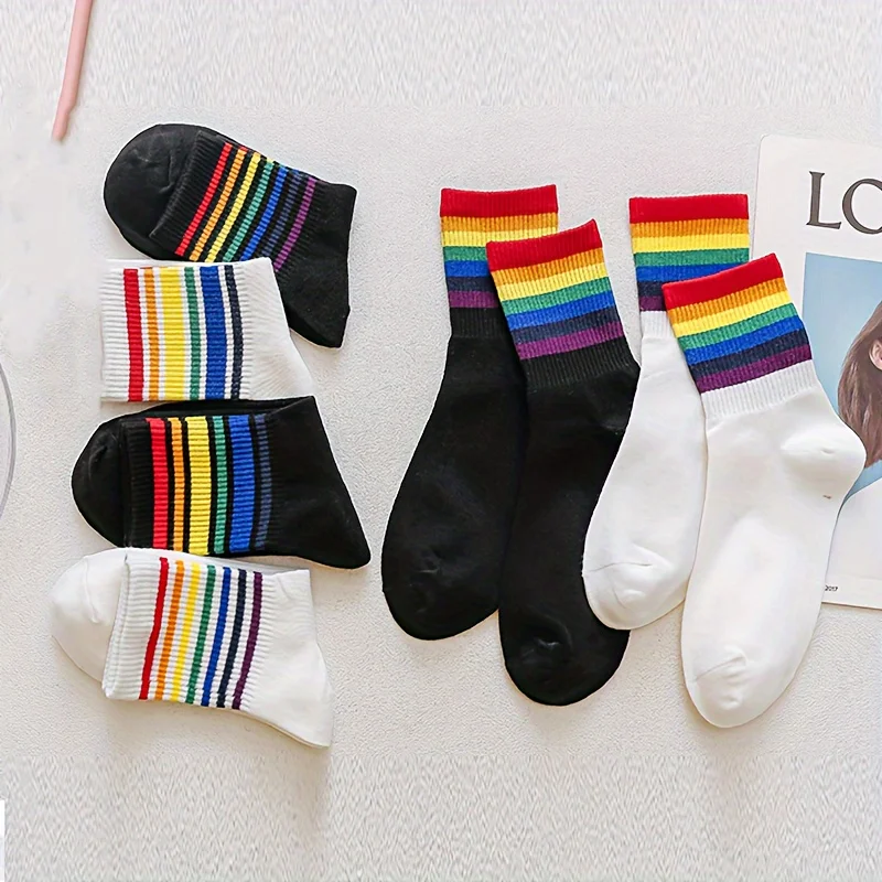 6 pairs of rainbow socks   children's mid length socks  summer thin cotton socks  sports socks  pile up socks  ins trendy socks