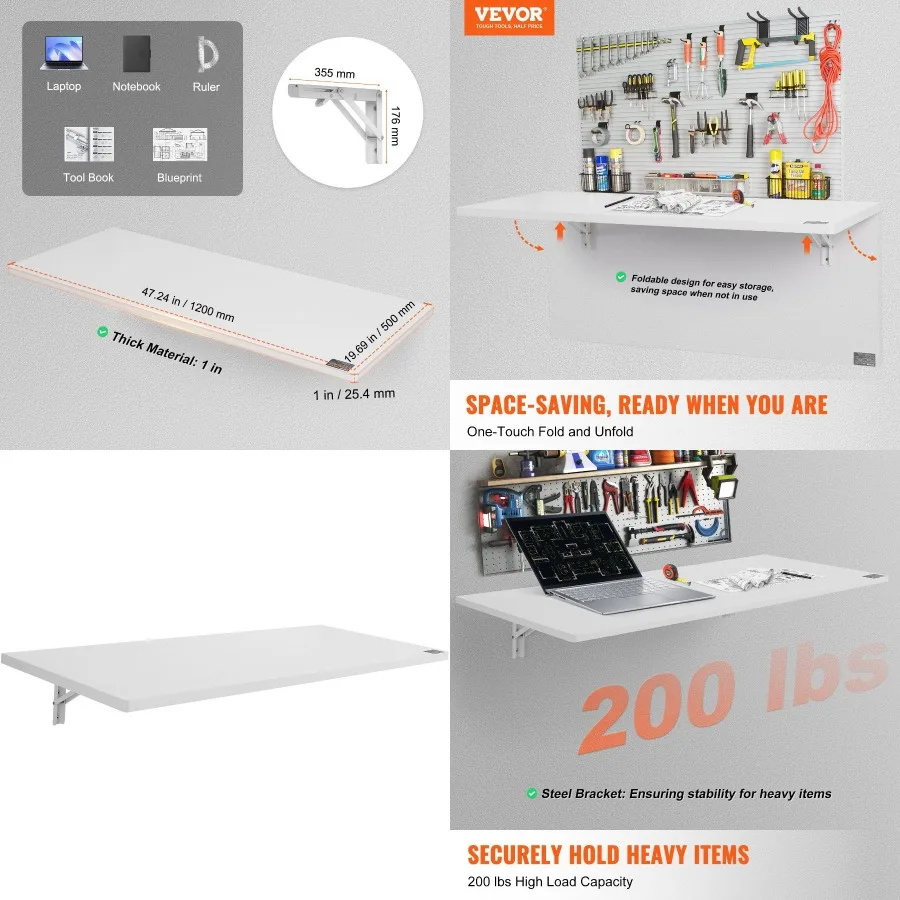 

VEVOR Wall Mounted Folding Table 47.24" x 19.69" Wall Mount Drop Leaf Table Floating Desk with Iron Bracket Fold Down Desk for