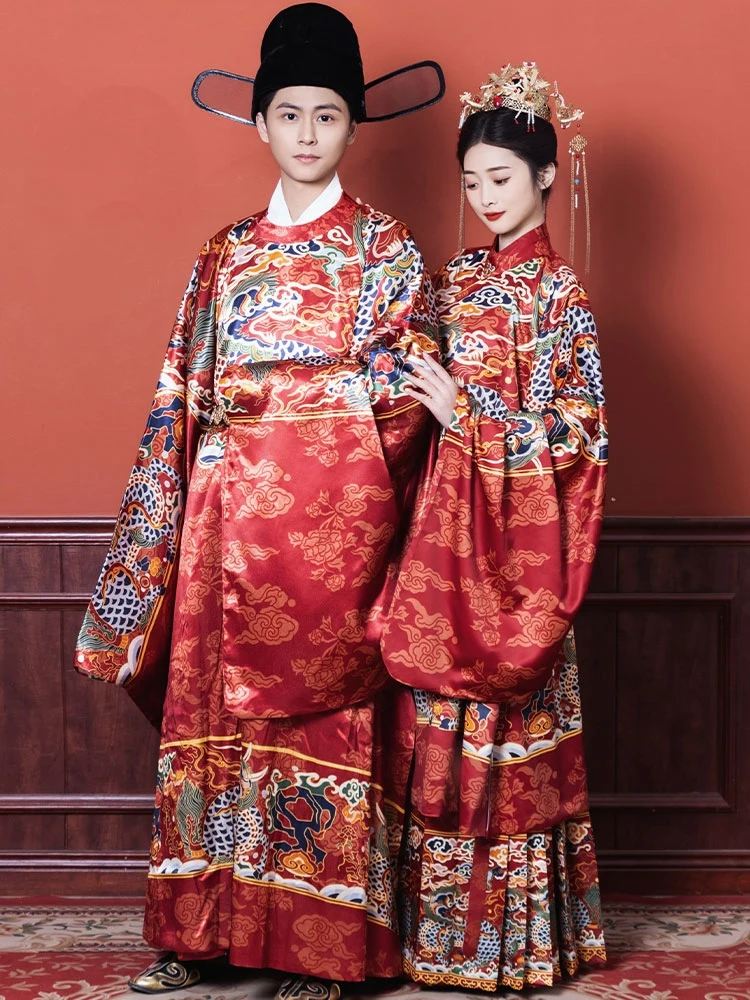 Original Ming Style Standing Collar Round Necked Robe Wedding Dress Embroidery Red Hanfu Dress Men Women Hanfu Costumes DQL8929