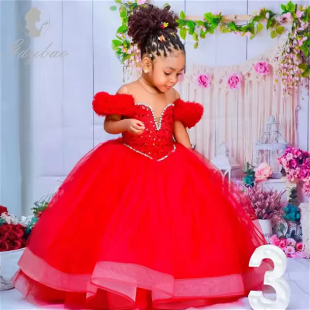 

Customized Flower Girl Dress For Wedding Applqique Tulle Puffy Full Sleeves Princess Pageant Kids Birthday First Communion Gown