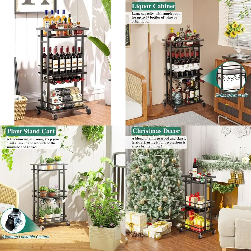 

Компактная 4-ярусная тележка на колесиках с винной стойкой для дома, портативный мини-барный шкаф на колесах, идеально подходит для вечеринок и небольших помещений