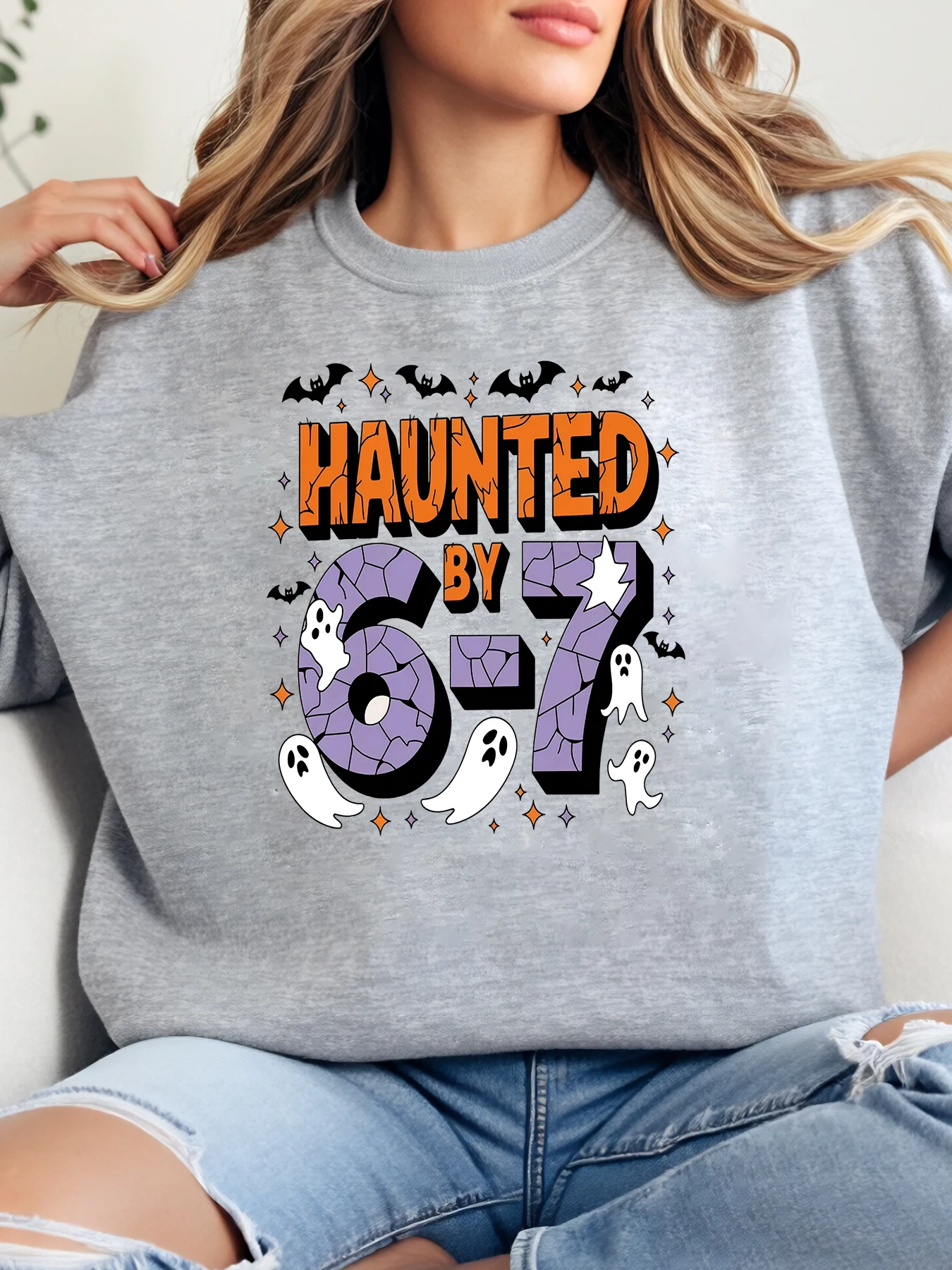 

Толстовка с круглым вырезом с принтом на Хэллоуин, женская повседневная одежда для вечеринок, серая, больших размеров