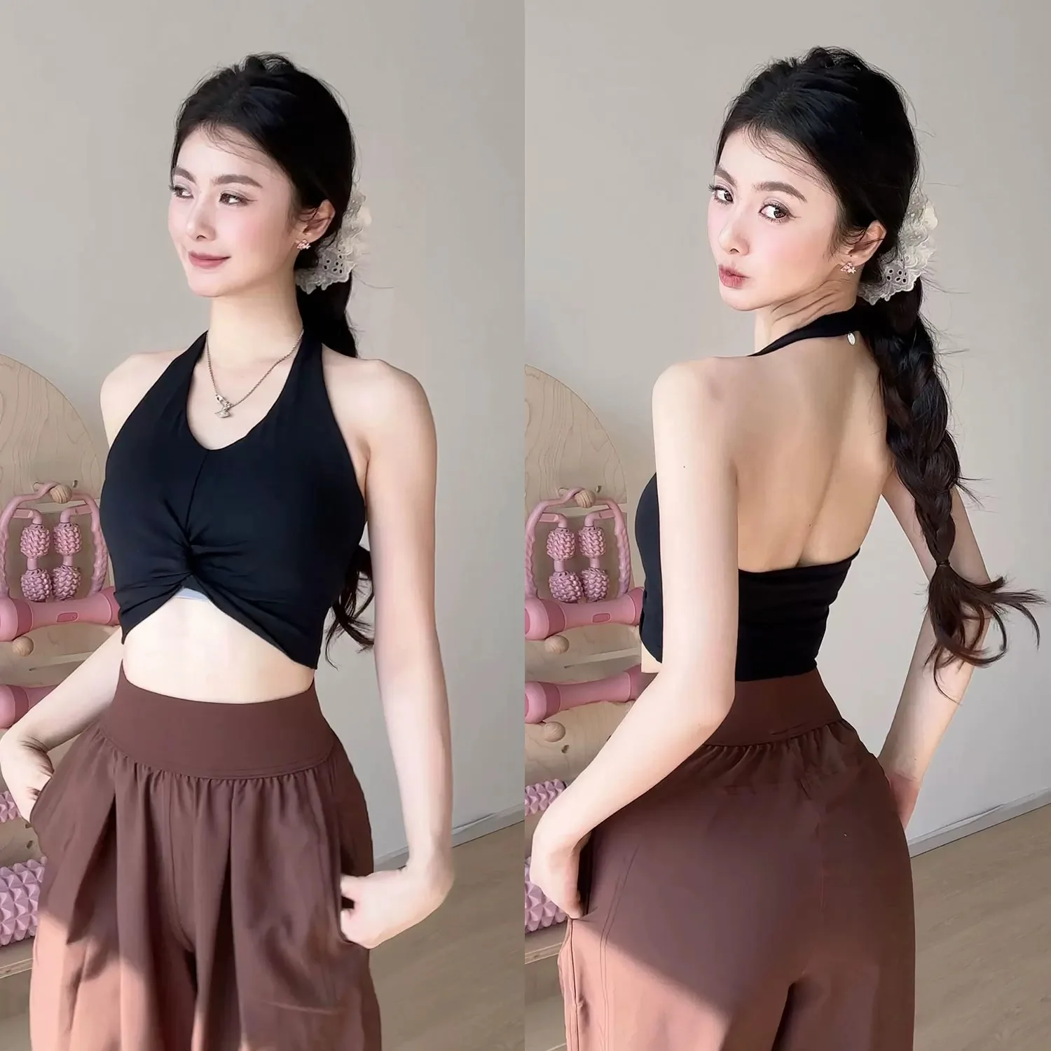 Women's Pilates Yoga Clothes Quick Drying Summer Neck Hanging Backless Gym Top for Running Training Exercise