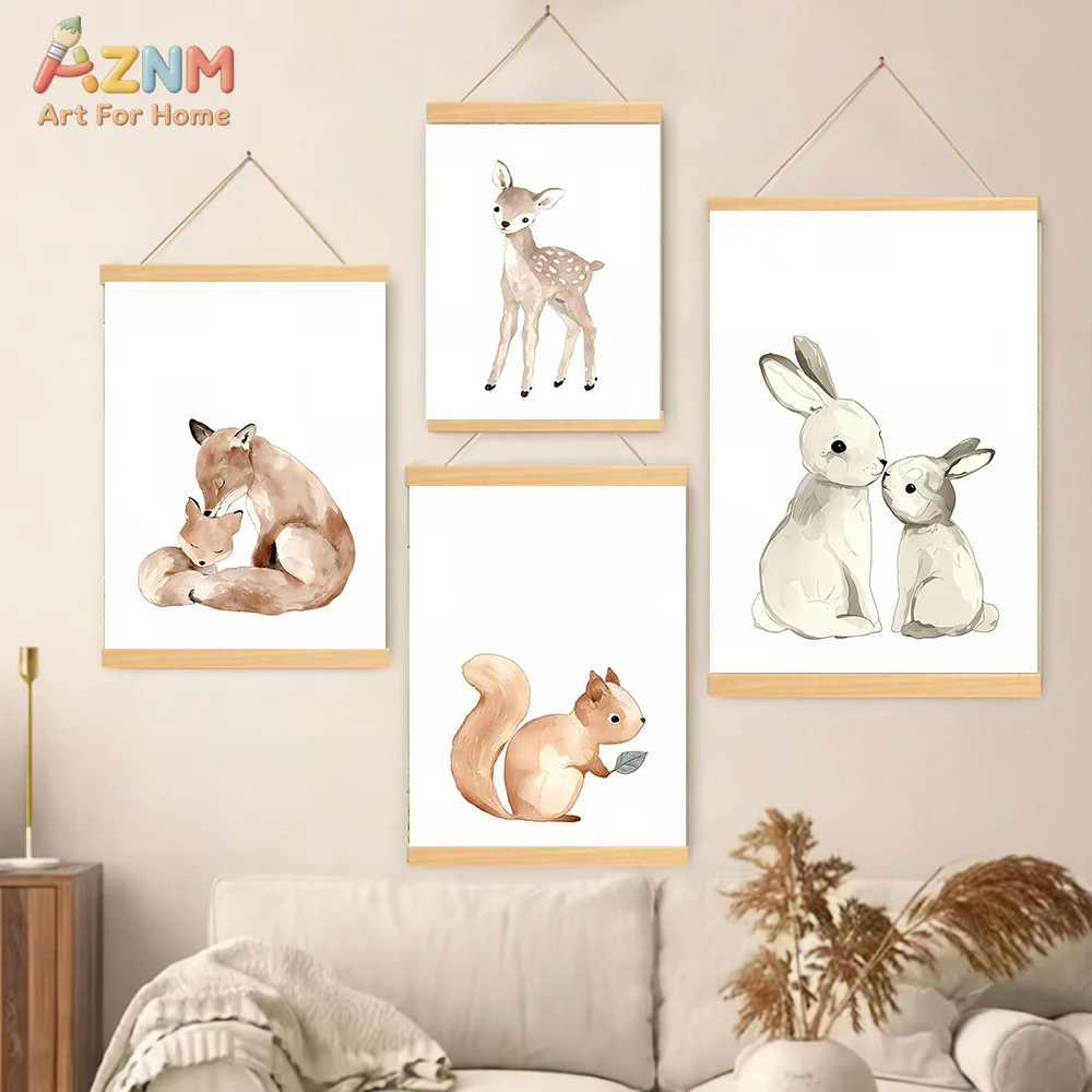 AZNM Neutral Watercolor Woodland Animal Canvas Wall Art Fox Deer Squirrel Rabbit Minimalist Unframed Print For Boho Baby Nursery