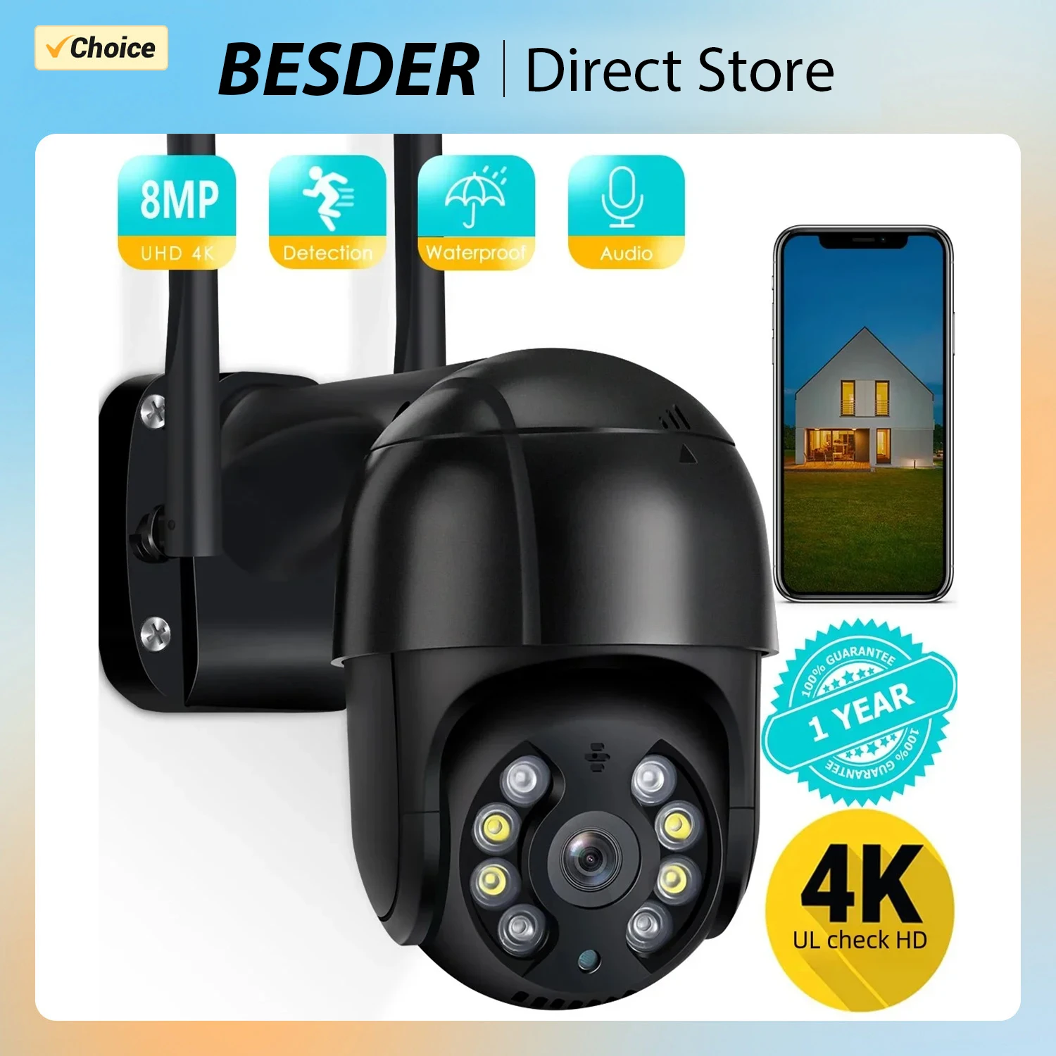 

BESDER 8MP 4K IP Camera 4MP Speed Dome Auto Tracking PTZ Camera Smart Home Outdoor Wireless WIFI Camera Surveillance Monitor