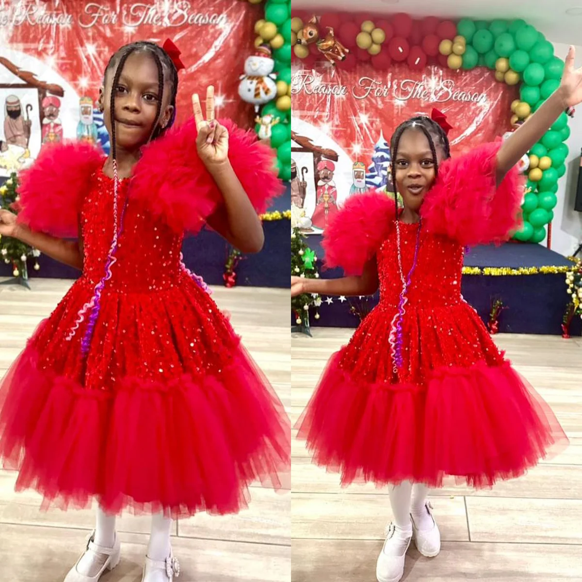 

Red Sequined Girls Birthday Party Dresses Ruffles Tea Length Flower Girl Dresses Princess Baby Kids Gowns for Photo Shoot