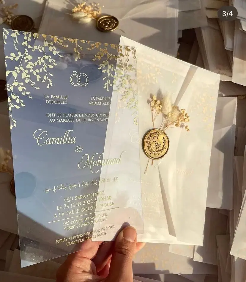 Carte d'invitation de mariage en PVC Transparent imprimé de mariage brillant or arabe, enveloppe personnalisée vert noirâtre, fleur sèche de sceau