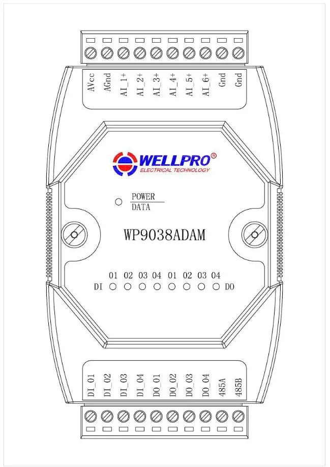 6AI 4DI 4DO 0-20MA 4-20MA 입력 디지털 입력 및 출력 모듈 RS485 MODBUS RTU 통신 WP9038ADAM WELLPRO