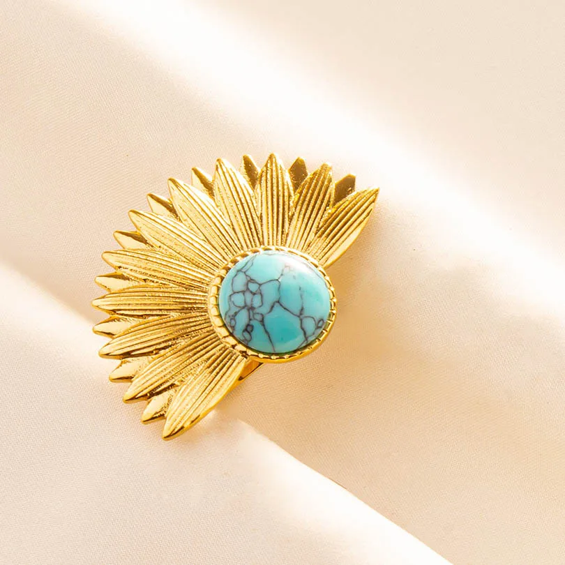 1pc Chic Bohemian Blue Turquoise Statement Gold Color Ring Stainless Steel Opening Adjustable Boho Ring Jewelry Gifts Never Fade