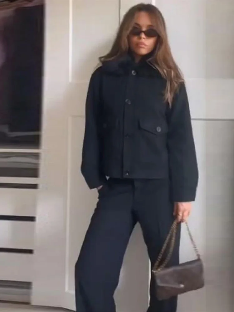 

Fashion Women's Coat Fur Collar Pocket Zipper Full Sleeve Warm Thicken Lady Coats 2025 Autumn Winter Female Street Outwear