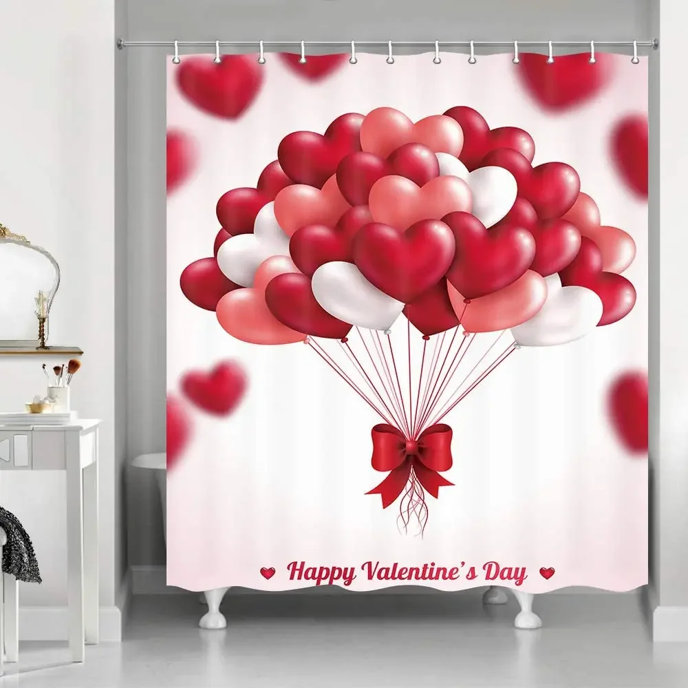 Happy Valentine's Day Shower Curtain Romantic Pink Heart Balloons Polyester Fabric Bath Curtains with Hooks Wedding decorations