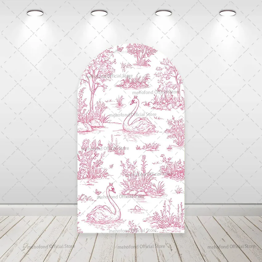 Mehofond Custom 2-Sided Toile De Jouy Pink Swan Girls Birthday Party Baby Shower Covers Chiara Arch Background Decor Backdrop