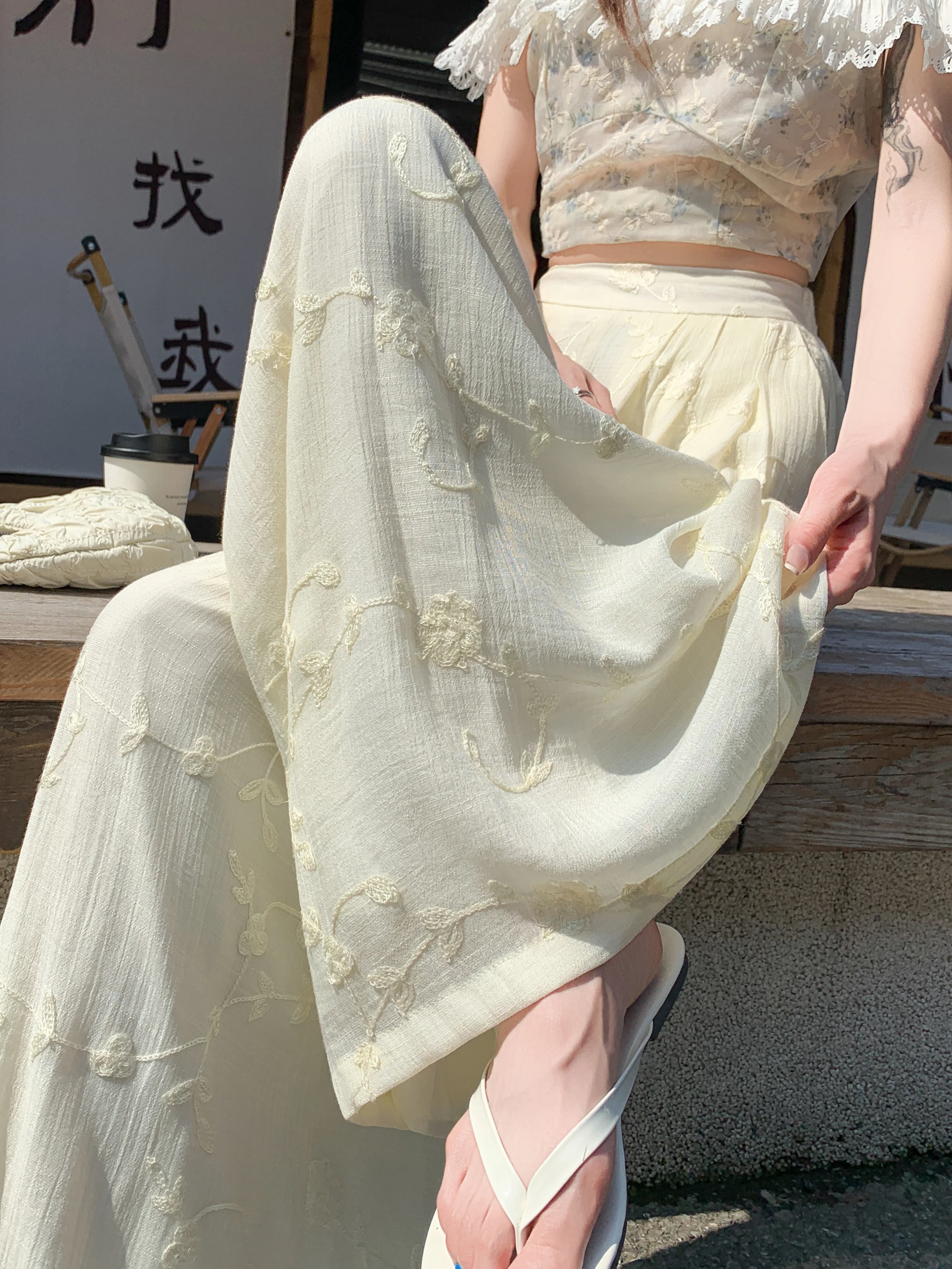 

Casual Summer Thin Embroidered Wide Leg Pants Women's Loose Floor-Length Elastic Waist Skirt Pants Polyester Fiber High Waist