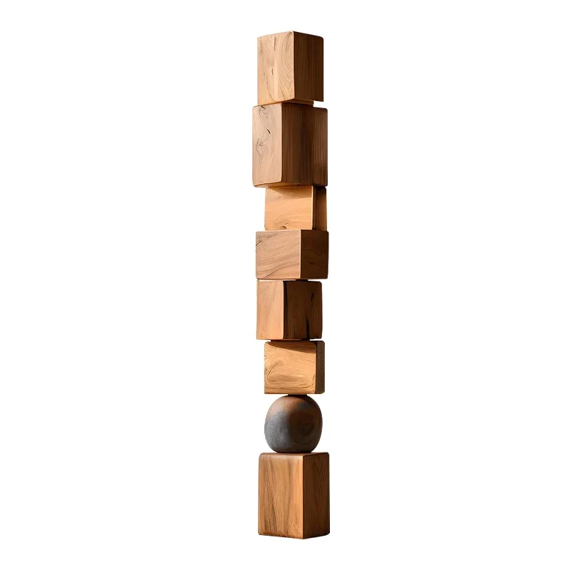 

Solid wood sculpture artwork geometric columns vertical height floor ornaments exhibition hall model room entrance soft