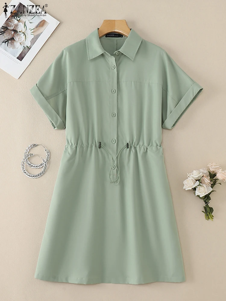 Mode Sommer Revers Hals Kurzarm Sommerkleid Frauen Overalls Kleid 2025, ZANZEA Stilvolle Arbeit Kleid Casual Solide Tasten Vestido