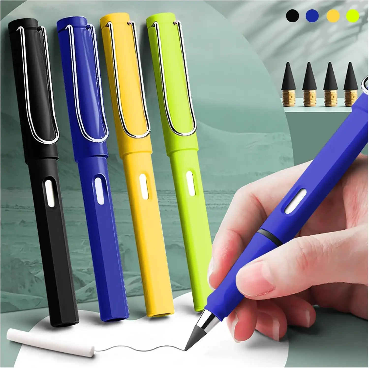 

8pcs Eternal Pencils with Eraser, Never Need Sharpening, Replaceable Nibs, Black Blue Yellow Green