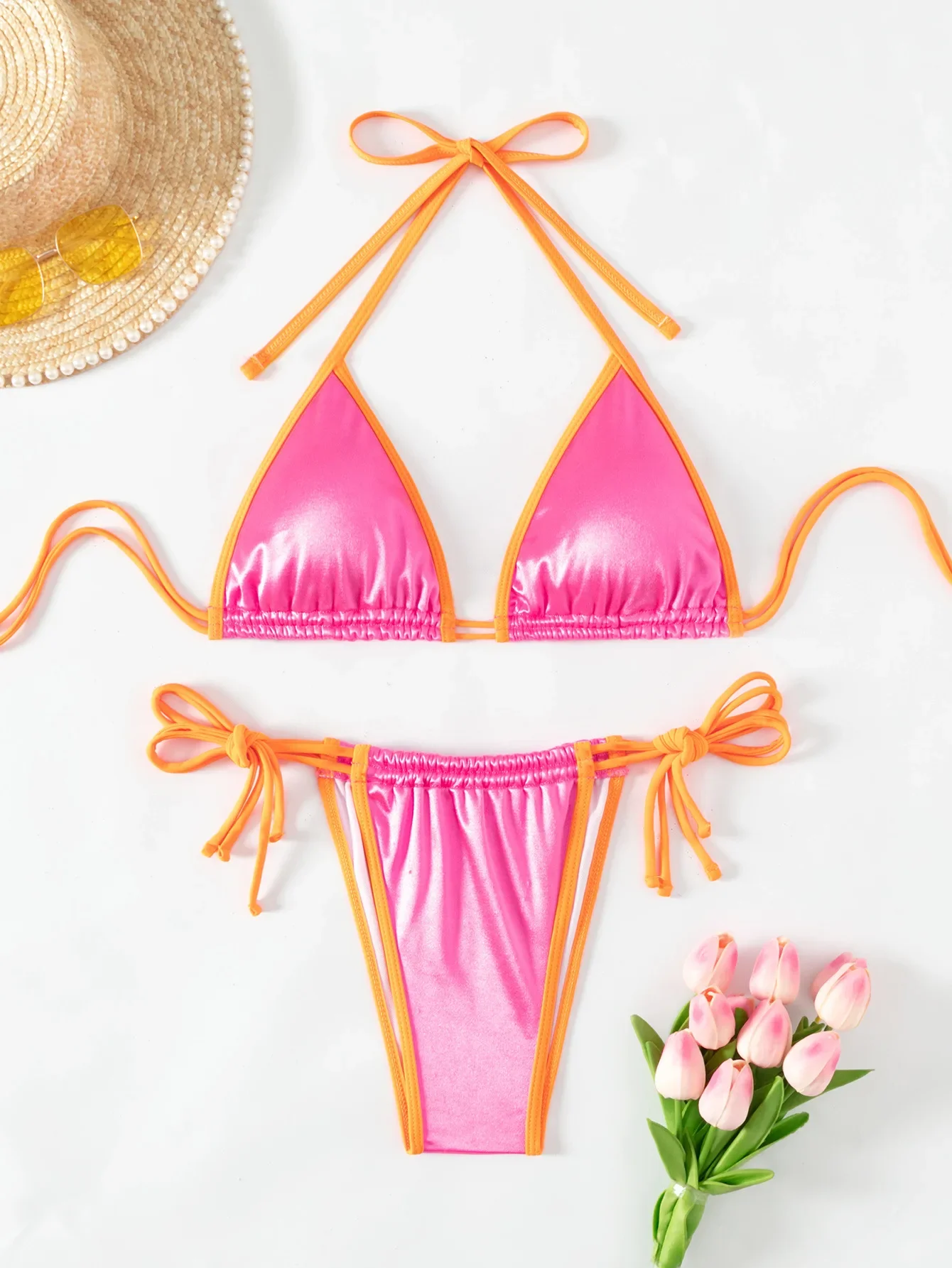 

2024 Новый женский розово-красный глянцевый купальник из 2 предметов, сексуальный бюстгальтер с лямкой на шнурке, комплект бикини с пуш-ап, пляжный отдых, купальный костюм