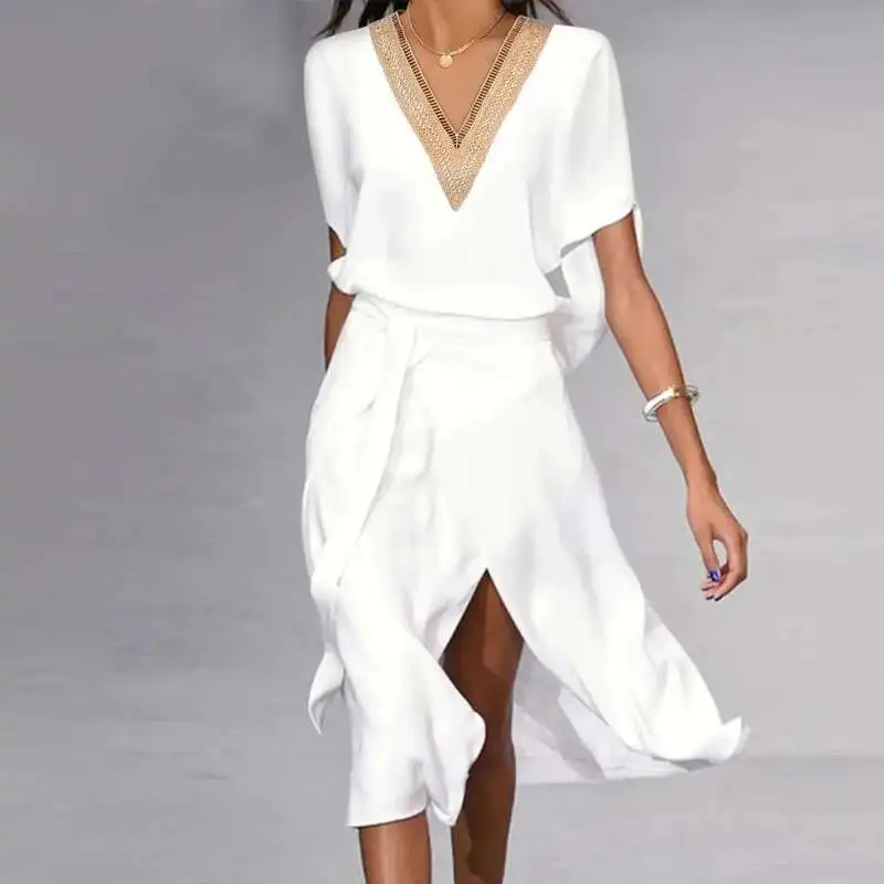 

Ladies Fashion White Waisted Lace-Up Simple Casual Loose Split Midi Summer V Neck Splicing Short Sleeve Women Dress