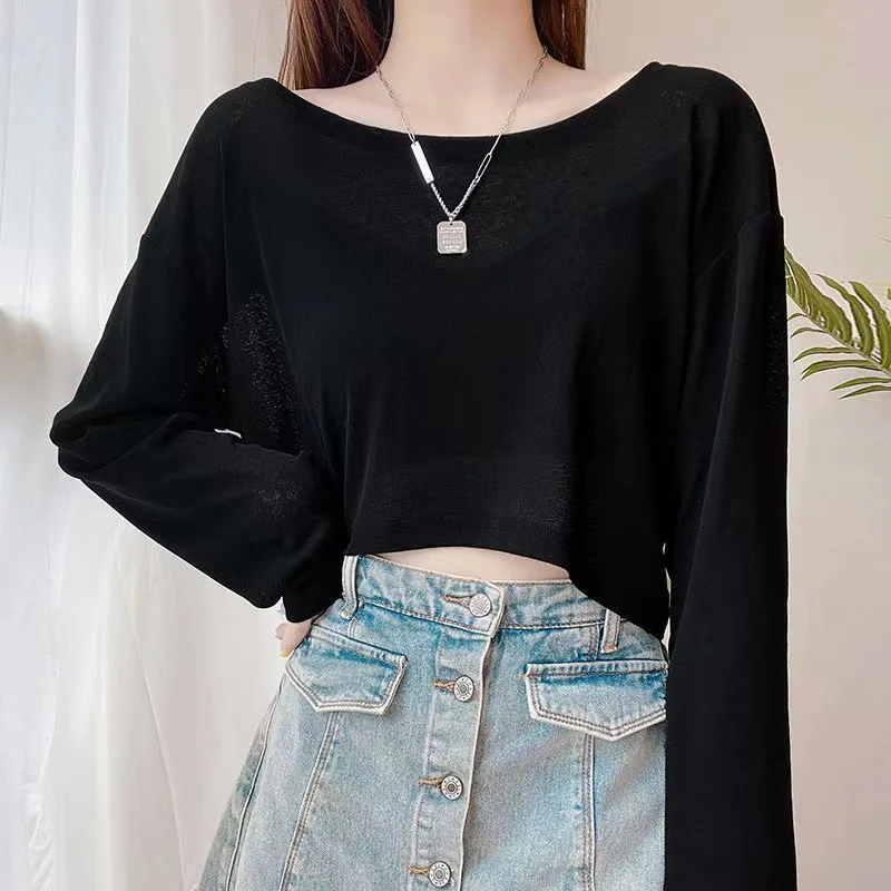Ice Silk Mesh Base Shirt Short Thin Knitted Top Women's Summer Long Sleeve T-Shirt Loose Slimming Sun Protection Cover up